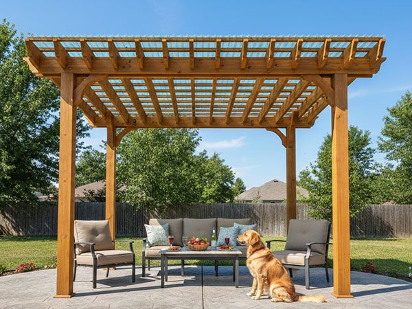 Freestanding wooden pergola shading outdoor seating on a backyard patio in the San Fernando Valley