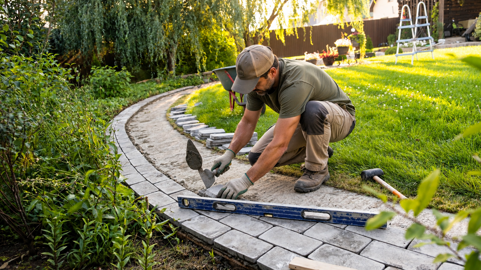 Worker laying curved stone pavers for a garden walkway during a hardscape design project in the San Fernando Valley