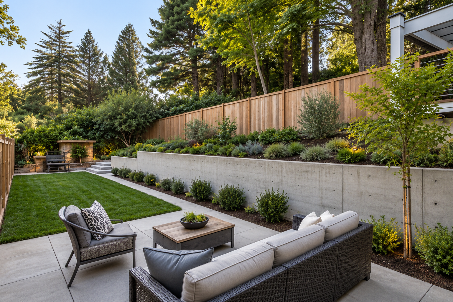 Terraced backyard landscaping with concrete retaining walls, layered planting beds, and a small lawn in the San Fernando Valley