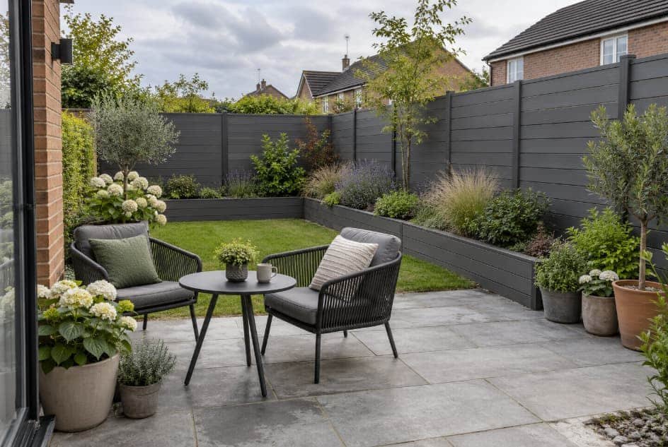Modern backyard garden enclosed by charcoal grey fencing, with a stone patio, seating, and raised planting beds in the San Fernando Valley