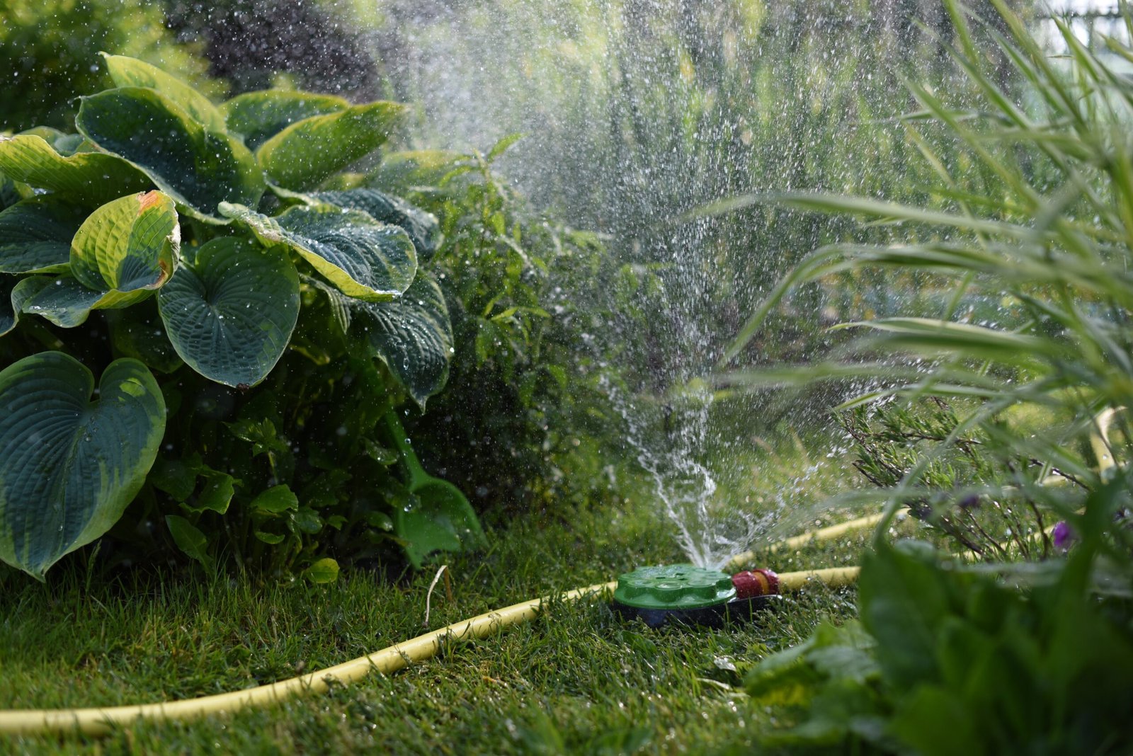 Hose sprinkler spraying water over lush garden plants, the thirsty planting style drought-tolerant landscaping replaces in the San Fernando Valley