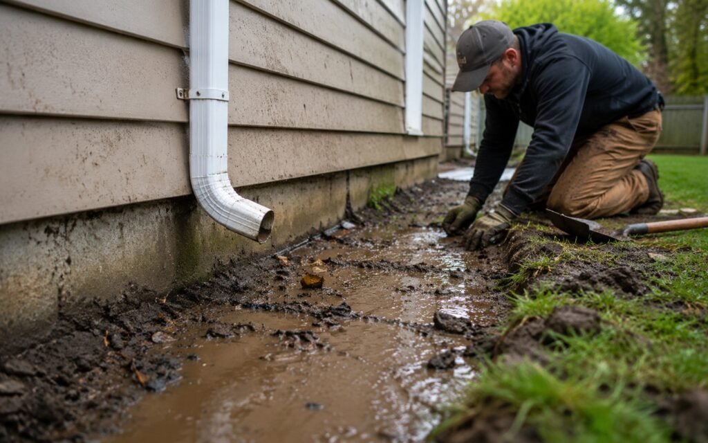 Backyard landscaping worker inspecting muddy standing water from poor drainage beside a house foundation in the San Fernando Valley
